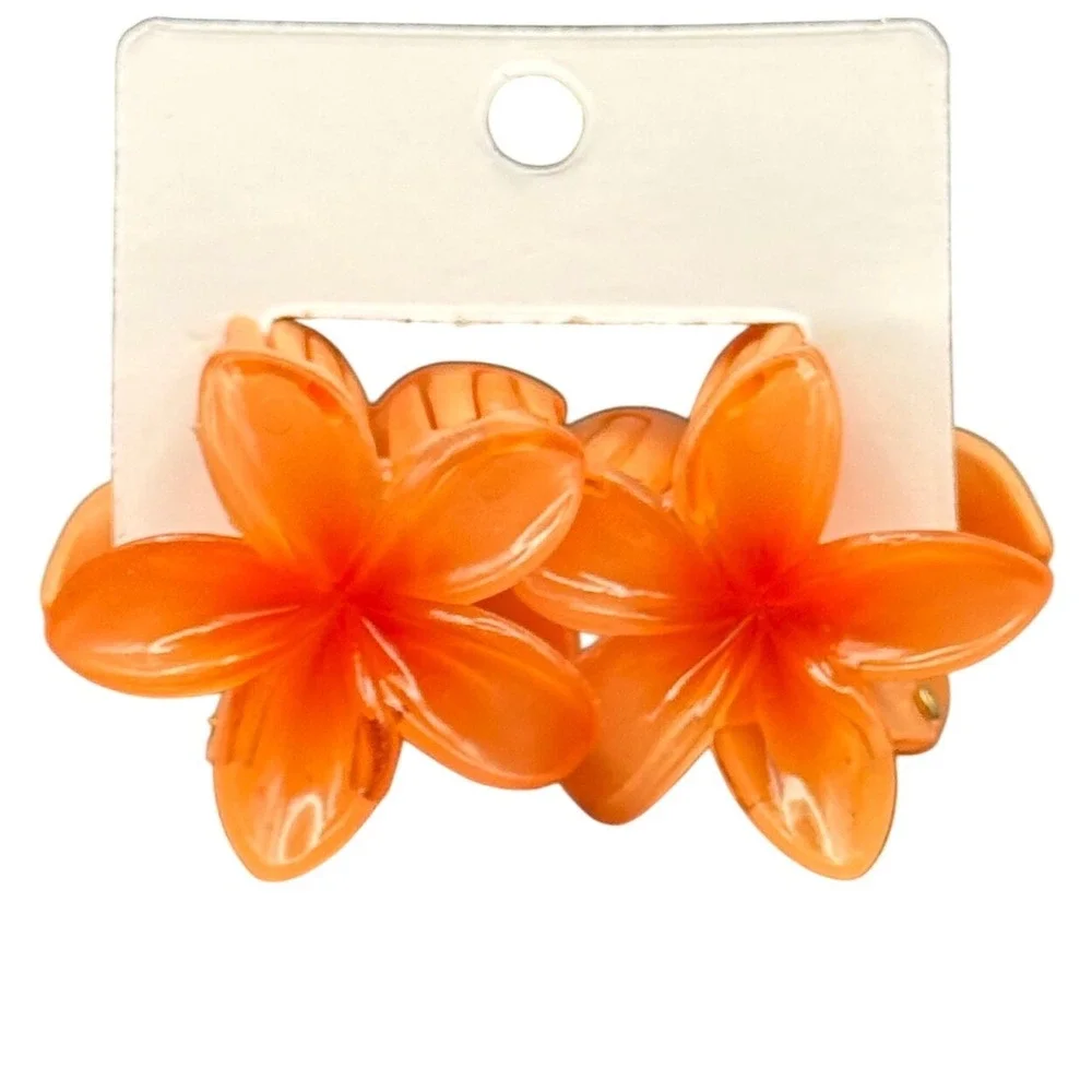Orange Flower‎ Hair Mini Claw Clip Set 2pc Tropical Plumeria Hibiscus Floral
